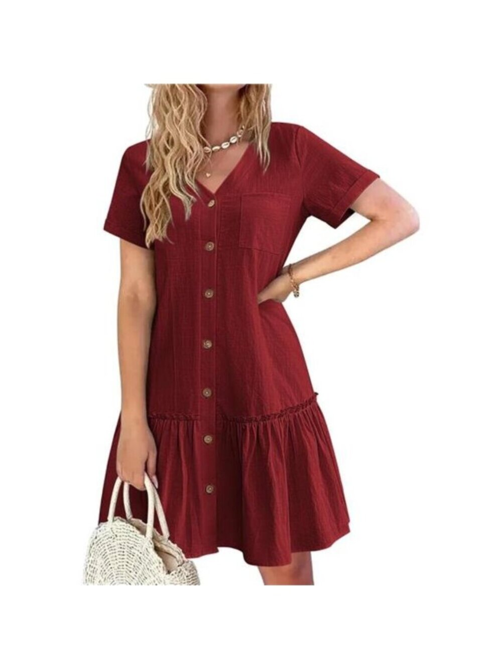 Women's Button Down Dress Loose Summer Cotton Linen Dress Ruffle Hem Tunic Dress